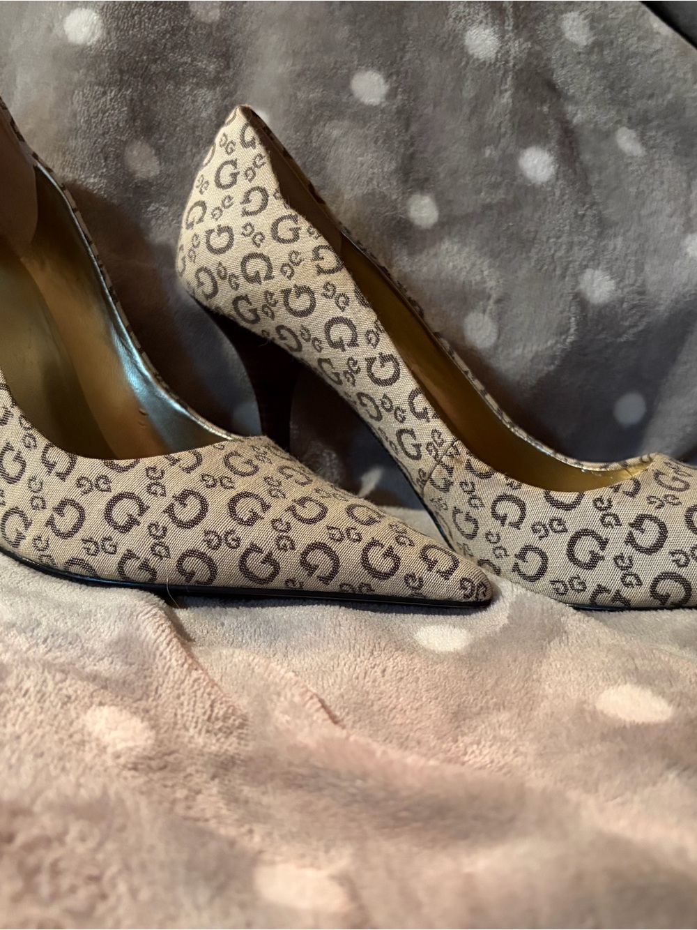 Guess Beige and Brown Monogram Pointed-Toe Heels
